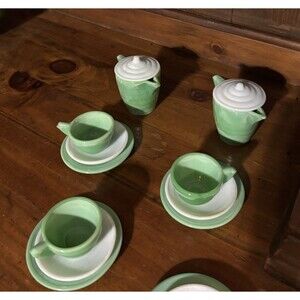 Vintage Akro Agate Green White Jadeite Child's Tea Cup Tea Set. 11 Piece Set